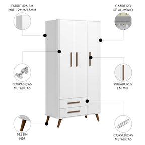 Roupeiro Encanto Retrô 3 Portas da Qmovi traz charme, organização e praticidade para o seu quarto.