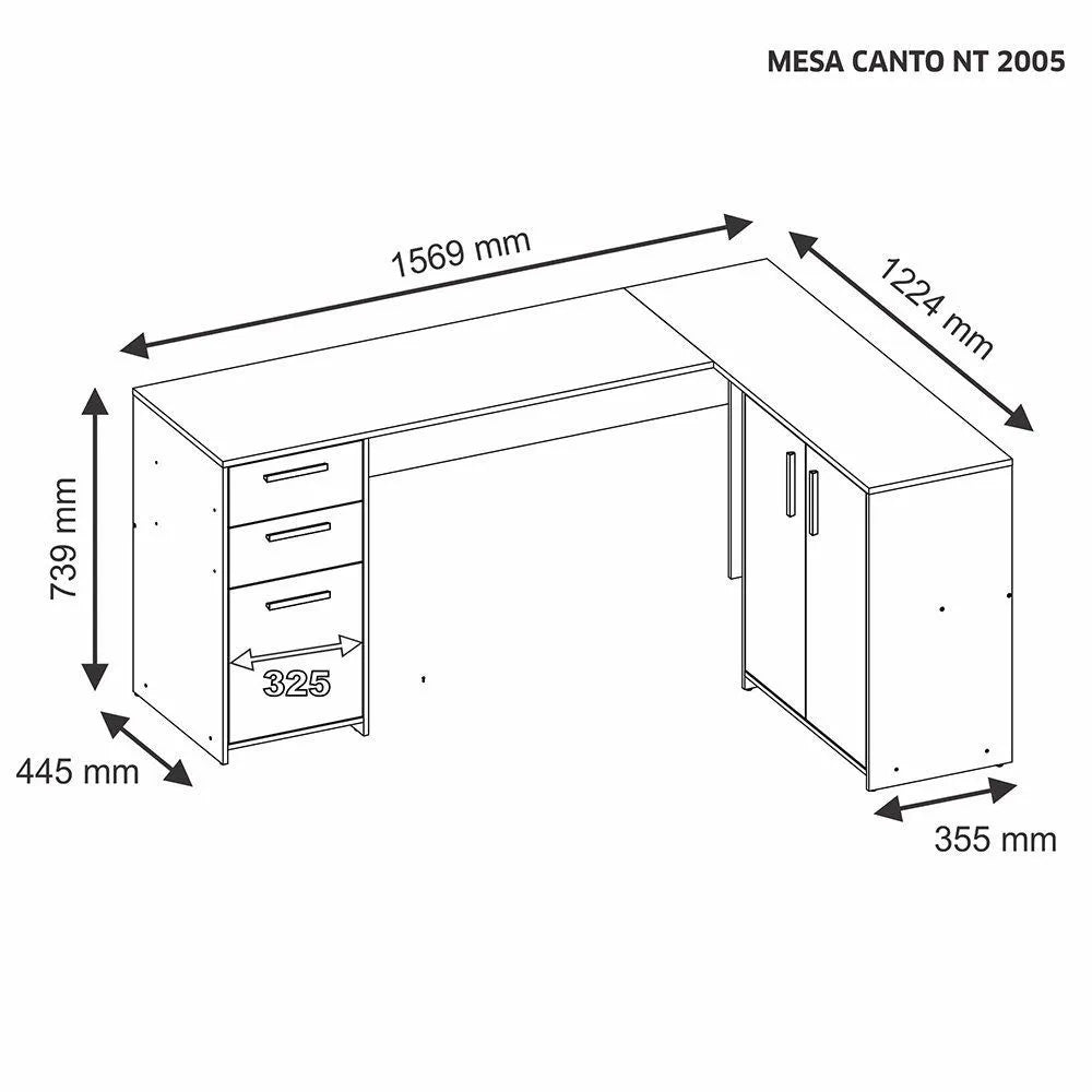 Mesa para Computador de Canto Notável Office, 3 Portas, 2 Gavetas - NT2005