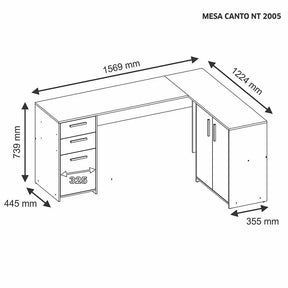 Mesa para Computador de Canto Notável Office, 3 Portas, 2 Gavetas - NT2005